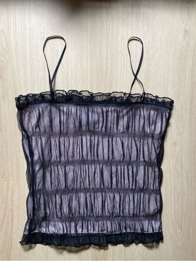 Express Black Mesh Ruffle Trim Cami with Pale Pink Lining